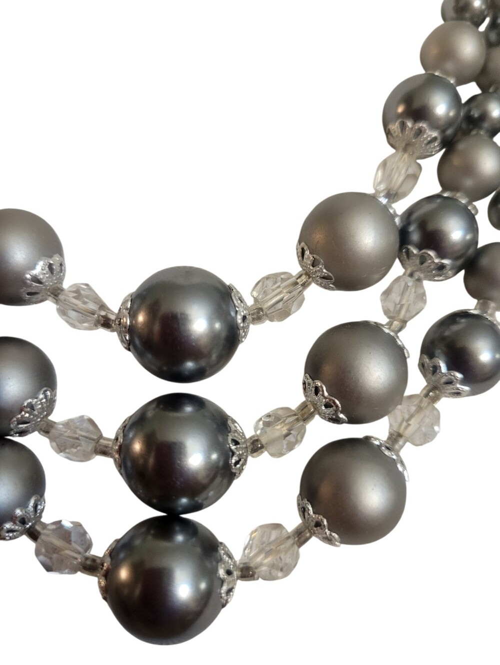 Vintage Three-Strand Grey Faux Pearl Necklace Marked Japan - Picture 2 of 7